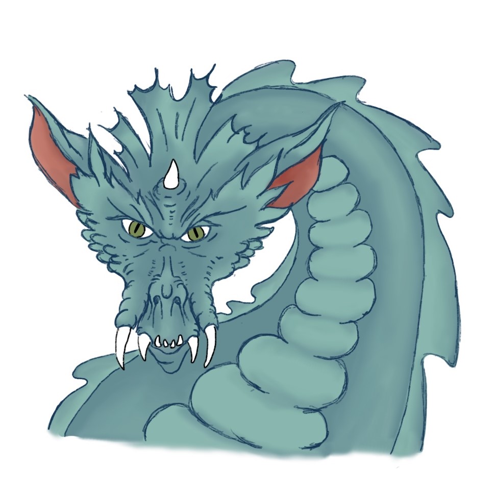 Digital 2D art of the head and neck of a turquoise dragon with a fierce expression.