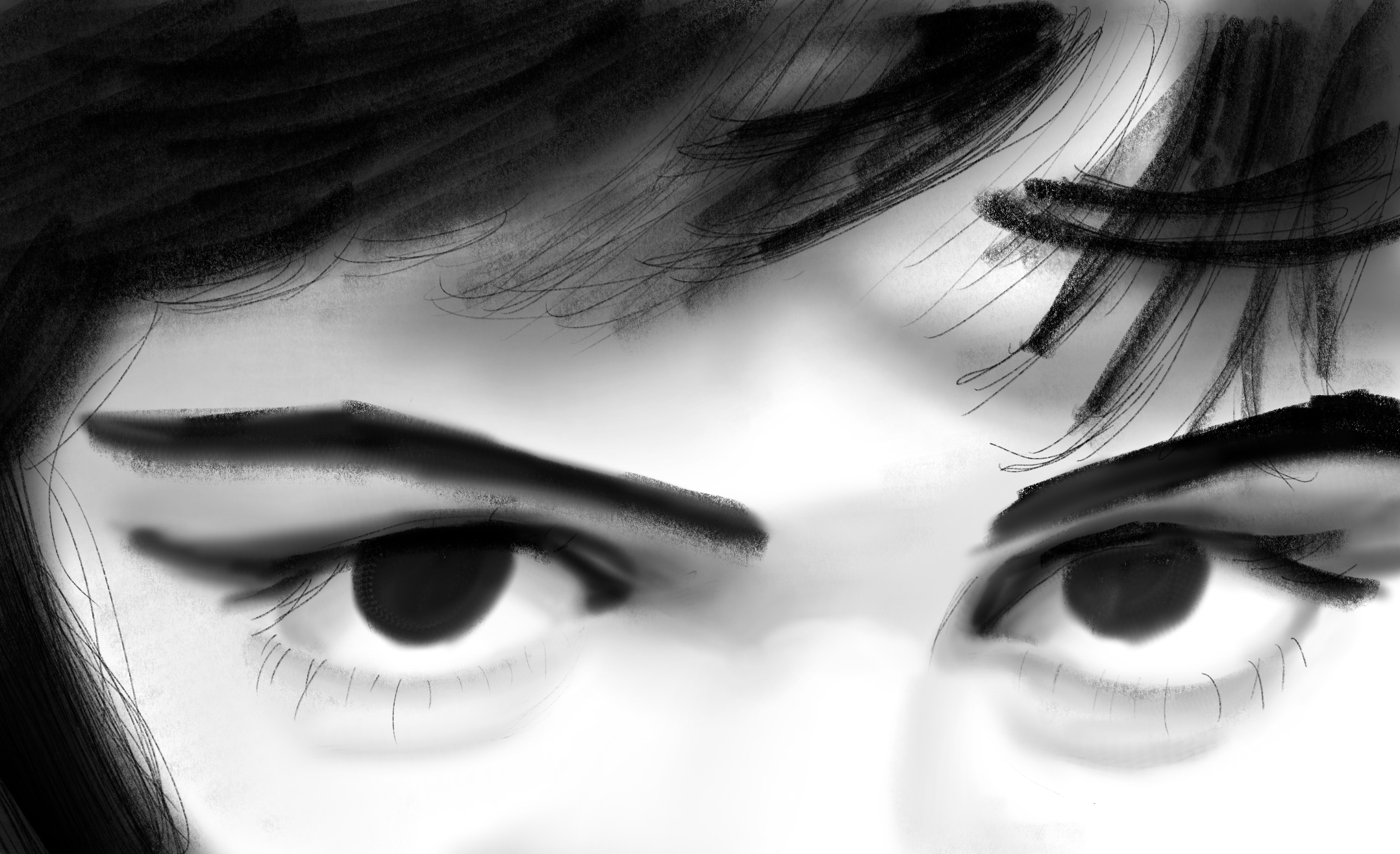 2D digital art of the top half of a face in black and white. Done in a sketchy style.