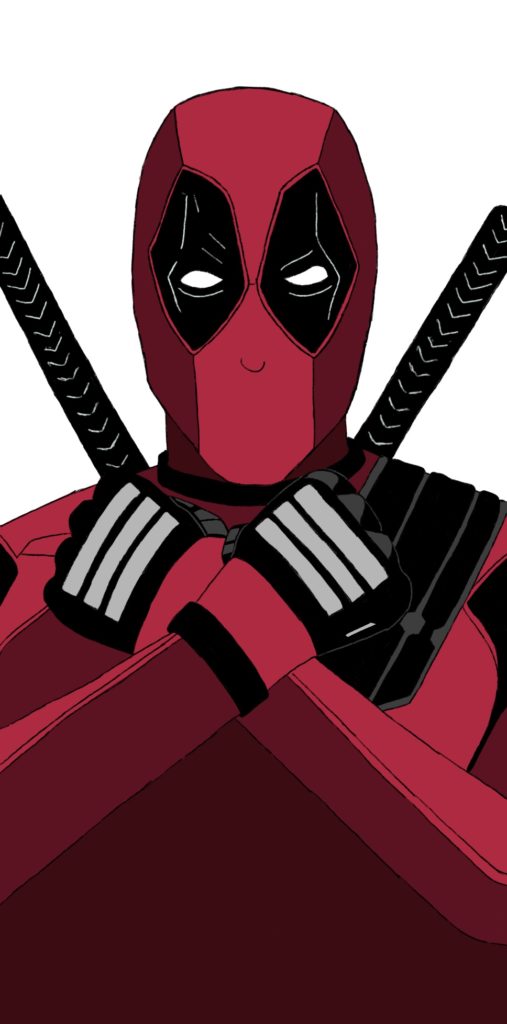 2D digital art of Deadpool from mid-torso up. His arms are crossed over his chest.