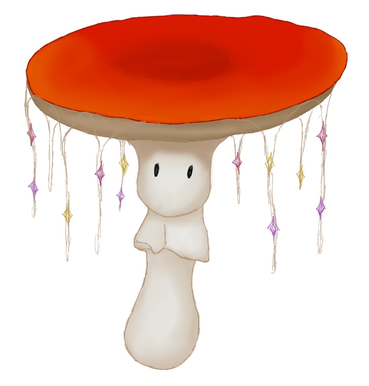 Digital 2D art of a mushroom with a red cap and pale stem. It has eyes and the cap is decorated with strings of hanging gems.