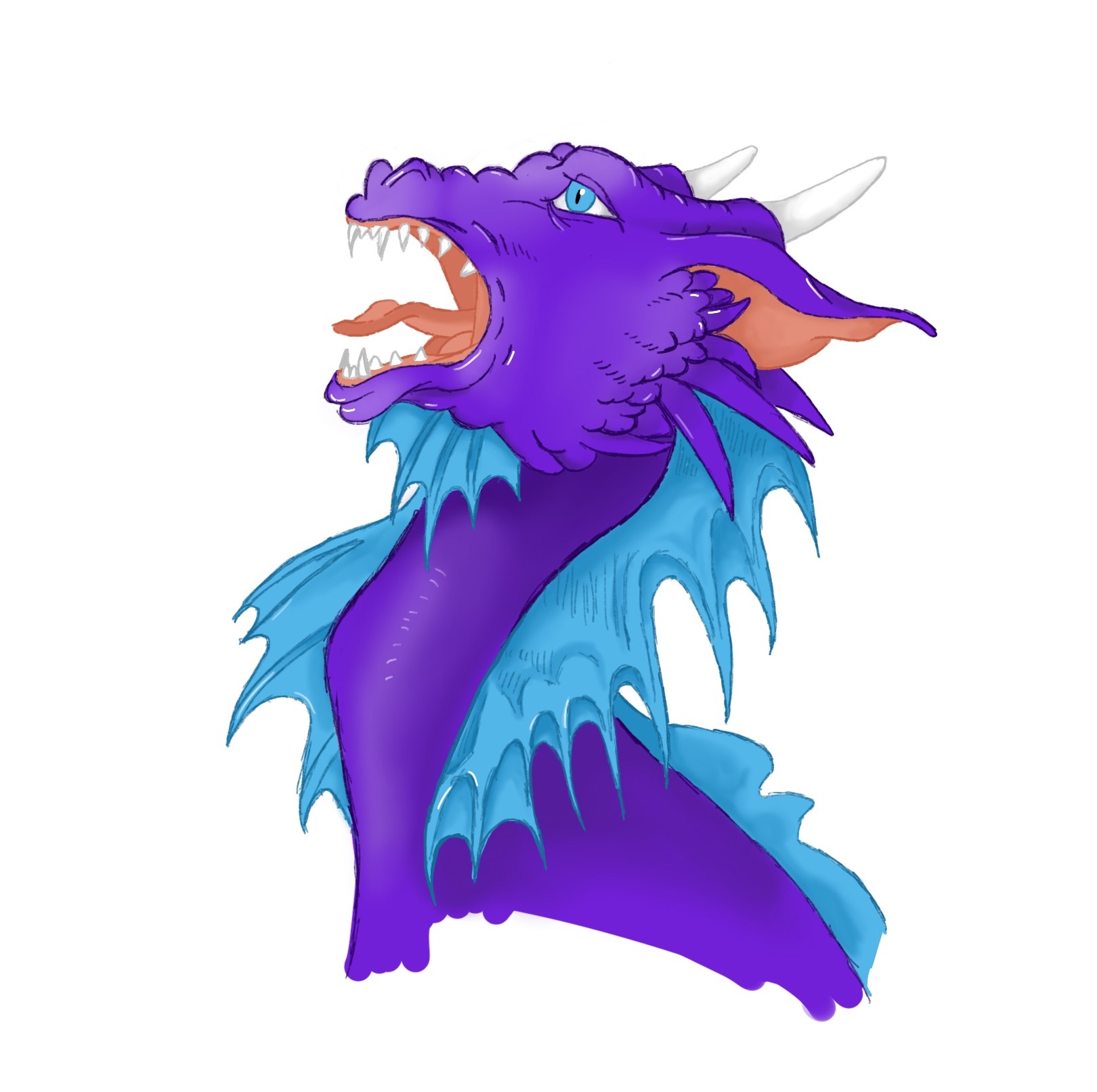 Digital 2D art of the head and neck of a purple dragon with blue neck fins. Its mouth is open.