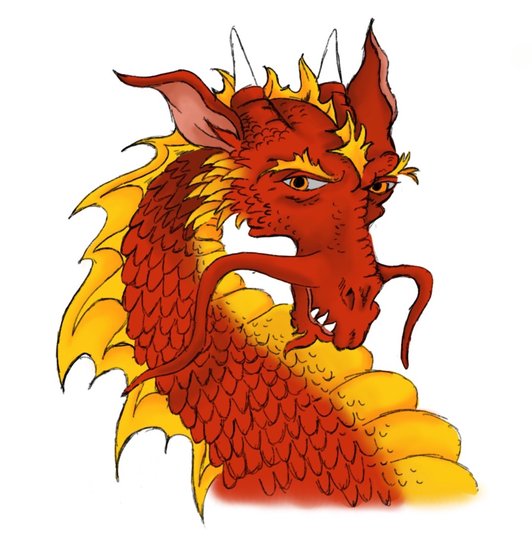 Digital 2D art of the head and neck of a red dragon with yellow highlights and a smug expression.