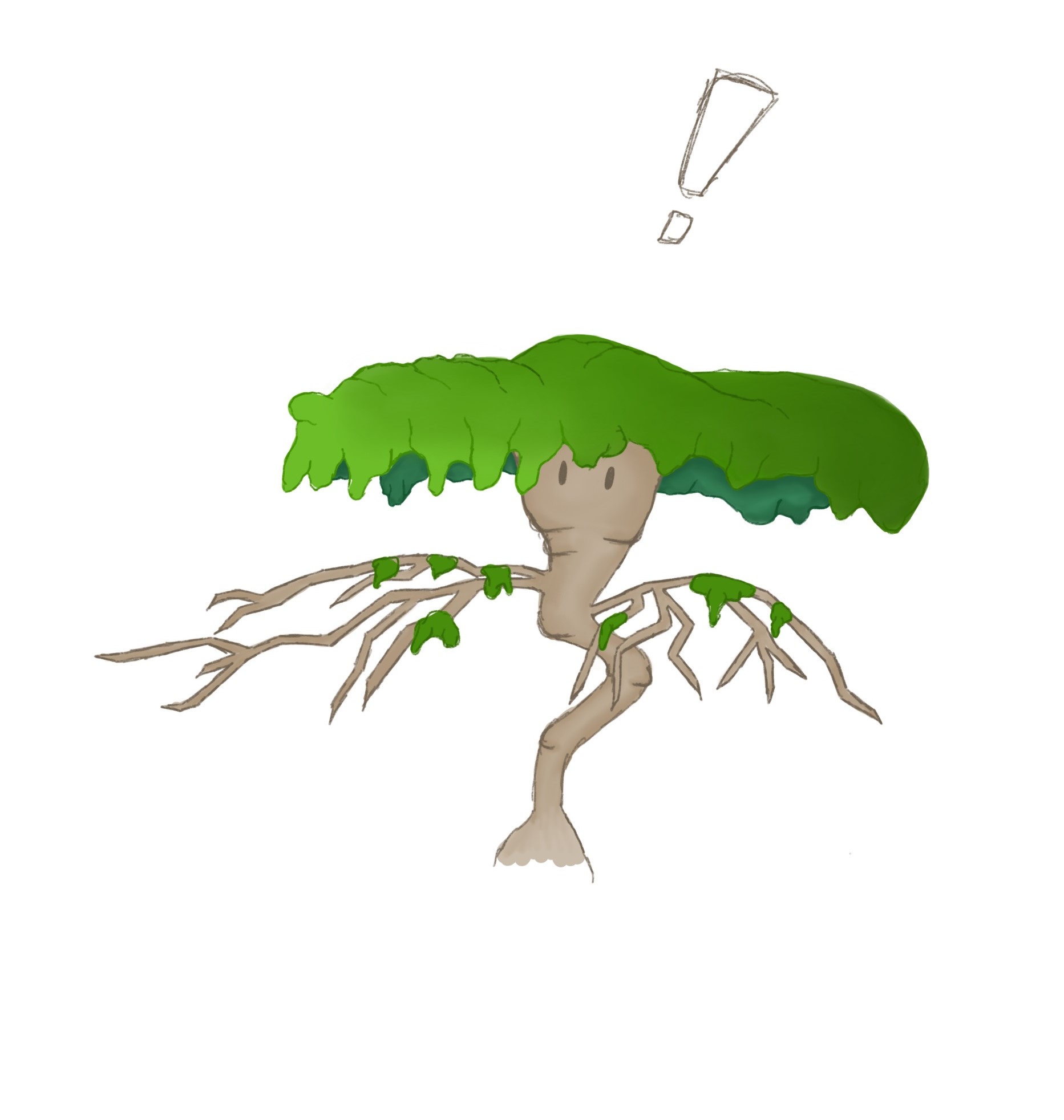 Digital 2D art of a humanoid tree, with an exclamation mark over his head.